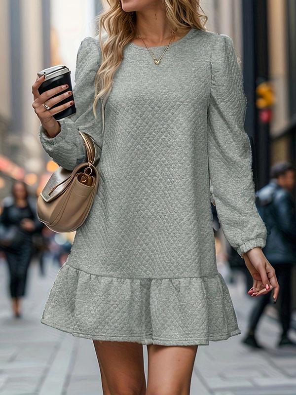 A-Line Long Sleeves Jacquard Pleated Solid Color Split-Joint Round-Neck Mini Dresses Product Image