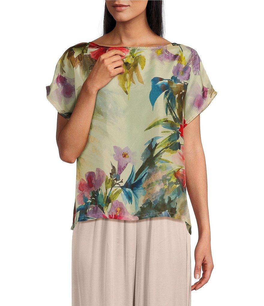Bryn Walker Bess Silk Fiori Print Boat Neck Short Sleeve Shirt Product Image