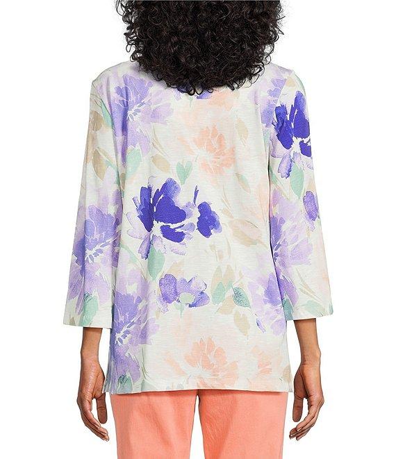 Allison Daley Floral Print 3/4 Sleeve V-Neck Beaded Applique Knit Top Product Image