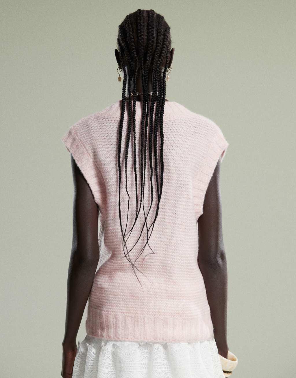 ASOS DESIGN knit V-neck tank with chunky trim in pink Product Image