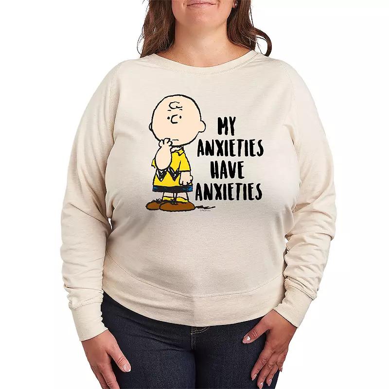 Plus Size Peanuts Charlie Brown Anxieties French Terry Long Sleeve Tee, Womens Grey Green Product Image