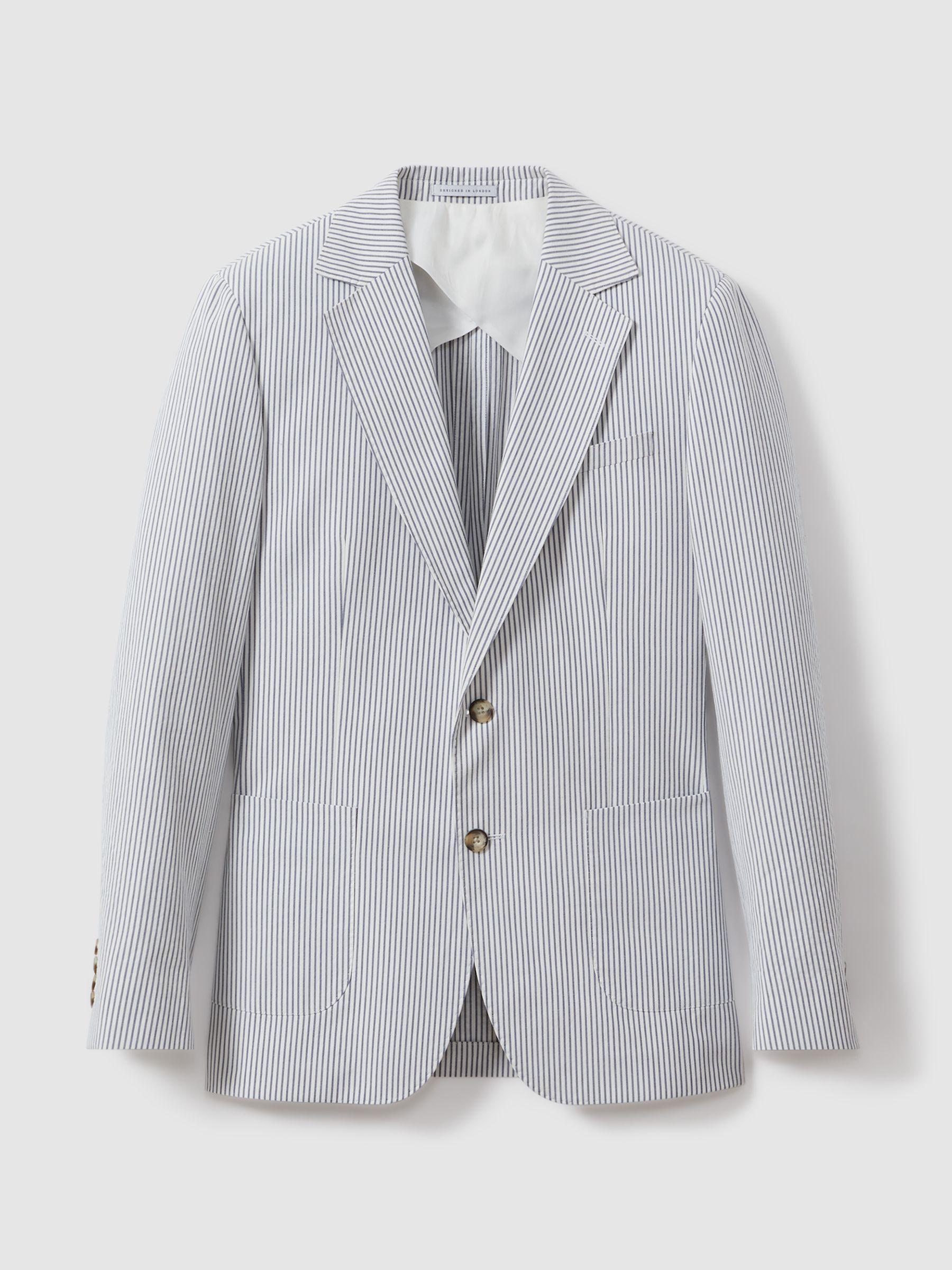 Barr Soft Blue/White Cotton Seersucker Single Breasted Slim Fit Blazer Product Image