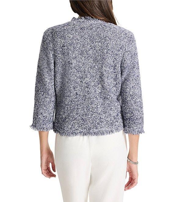 NIC + ZOE Mixed Knit Round Neck 3/4 Sleeve Fringe Trim Jacket Product Image