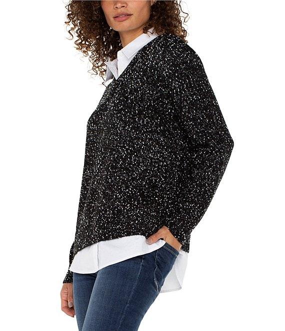 Liverpool Los Angeles Mixed Media Long Sleeve Collared Knit Sweater Top Product Image