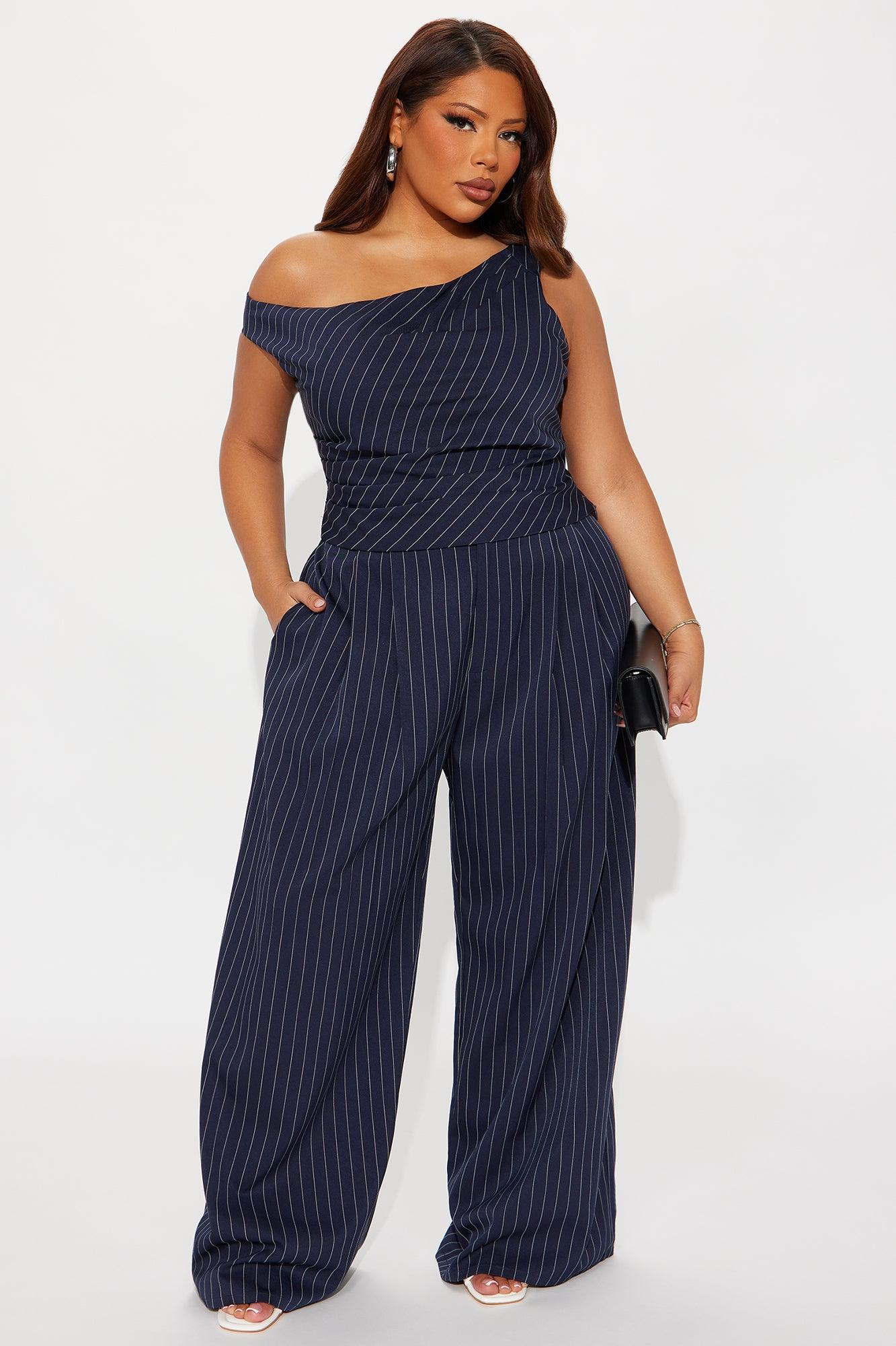 All Business Pinstripe One Shoulder Pant Set - Navy Female Product Image
