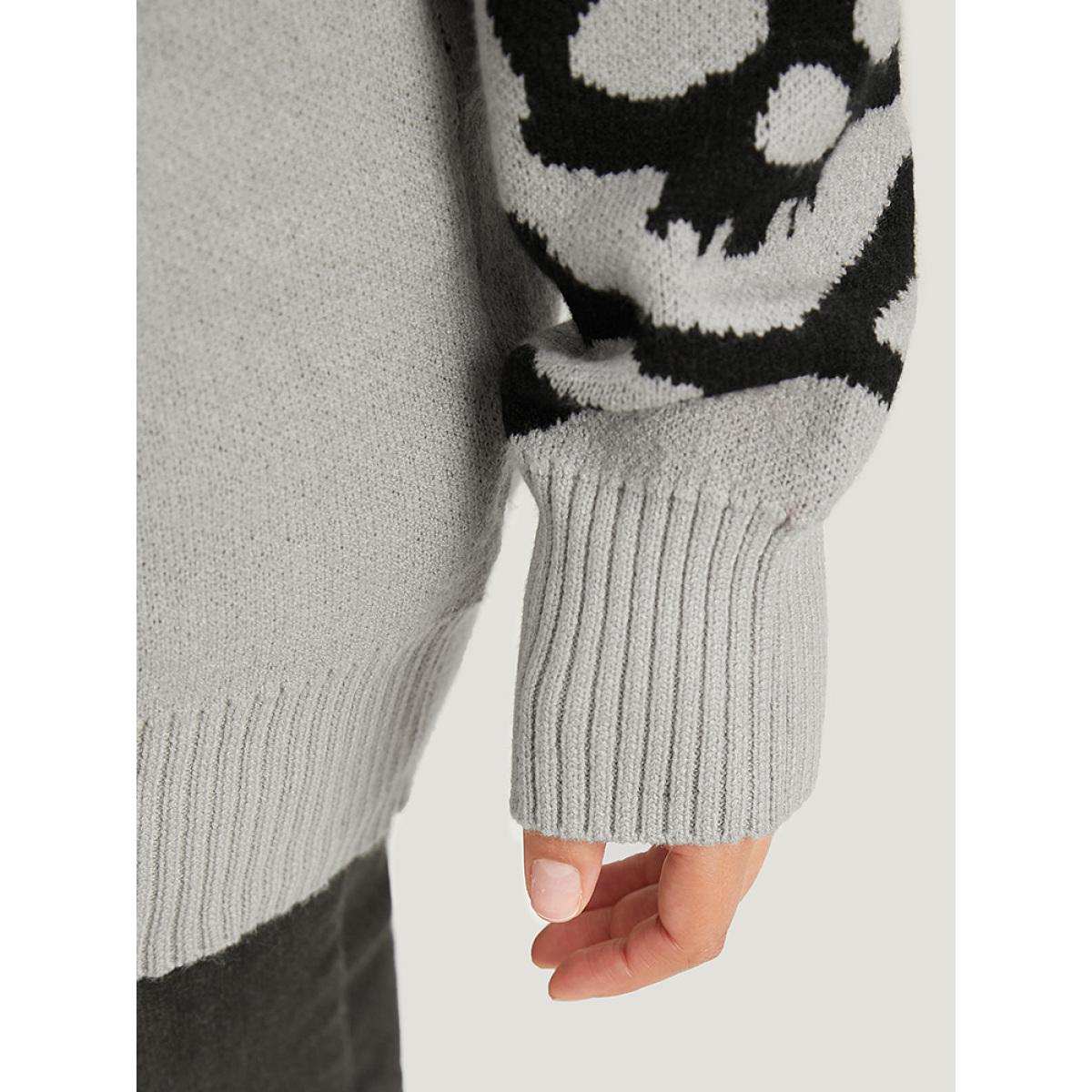 Plus Size Supersoft Essentials Halloween Skull Print V Neck Pullover LightGray Women Casual Long Sleeve V-neck Festival-Halloween Pullovers BloomChic 22-24/3X Product Image