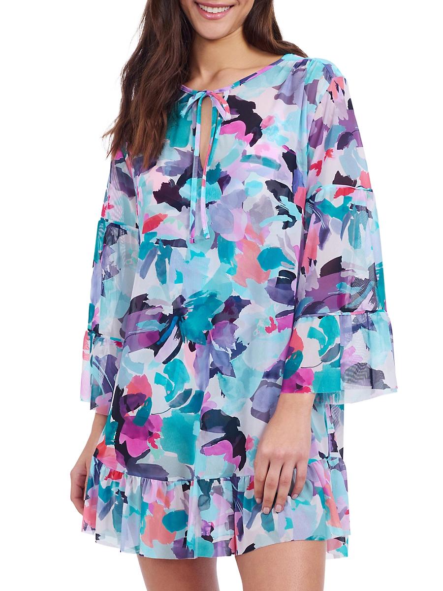 Womens Holi Floral Mesh Bell-Sleeve Minidress Product Image