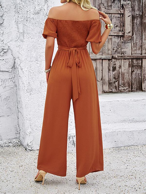 High Waisted Loose Elasticity Hollow Solid Color Tied Waist Off-The-Shoulder Jumpsuits Product Image