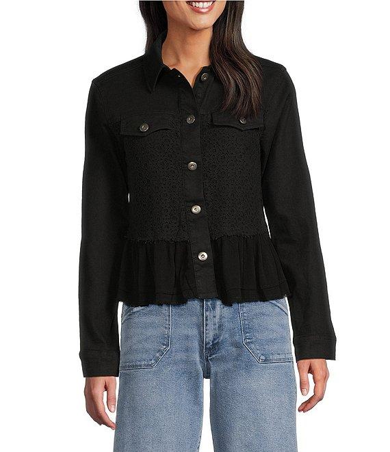 Scully Denim Lace Voile Point Collar Long Sleeve Button Front Jacket Product Image