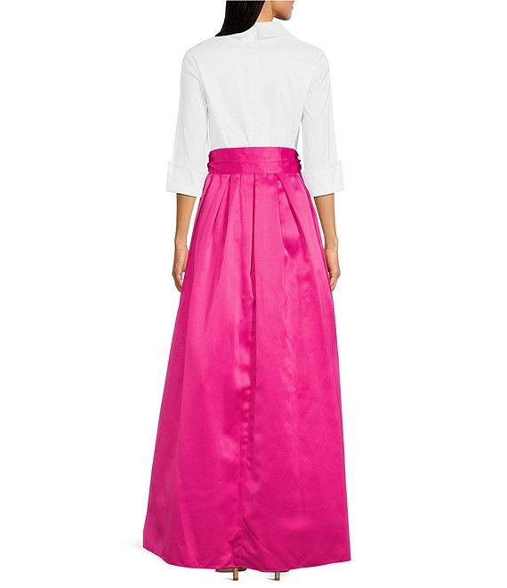 Jessica Howard 3/4 Cuff Sleeve Collared V-Neck Tie Sash Satin Ball Gown Product Image
