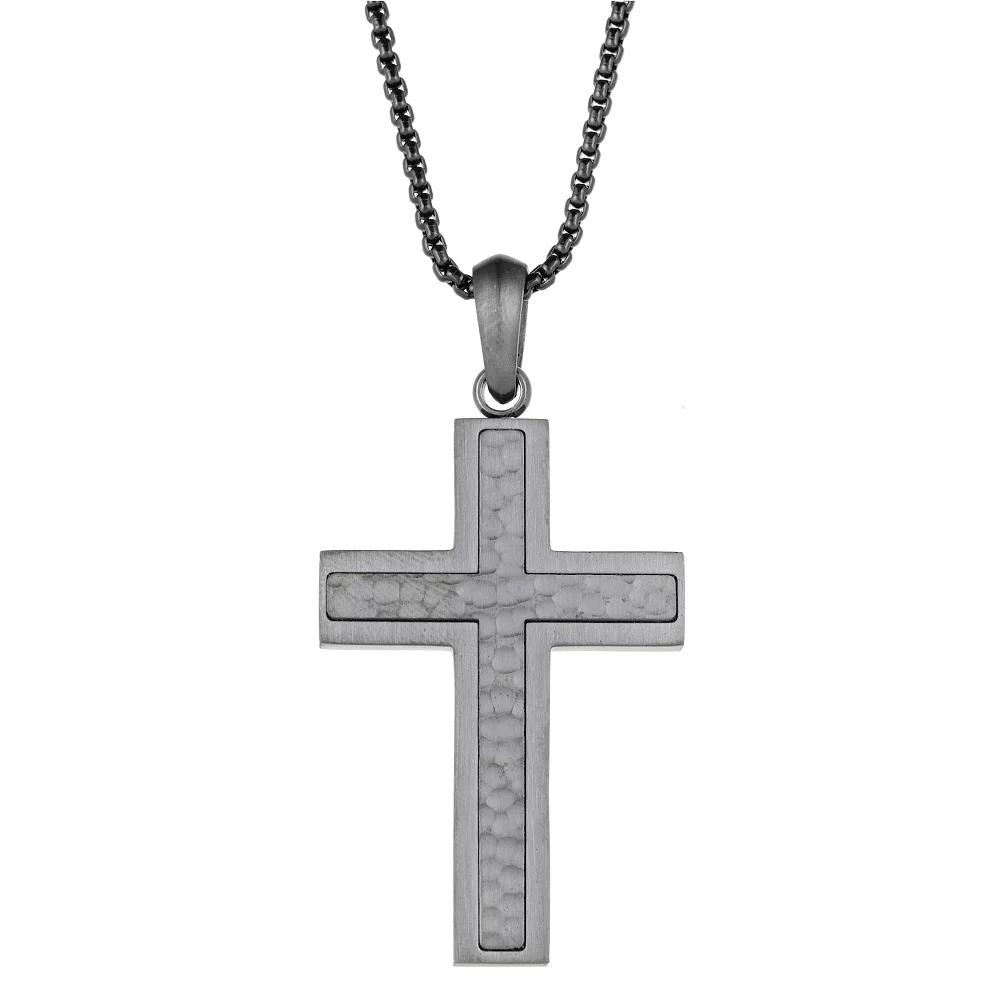 Men's LYNX Gray Ion-Plated Stainless Steel Hammered Cross Pendant Necklace, Size: 24" Product Image