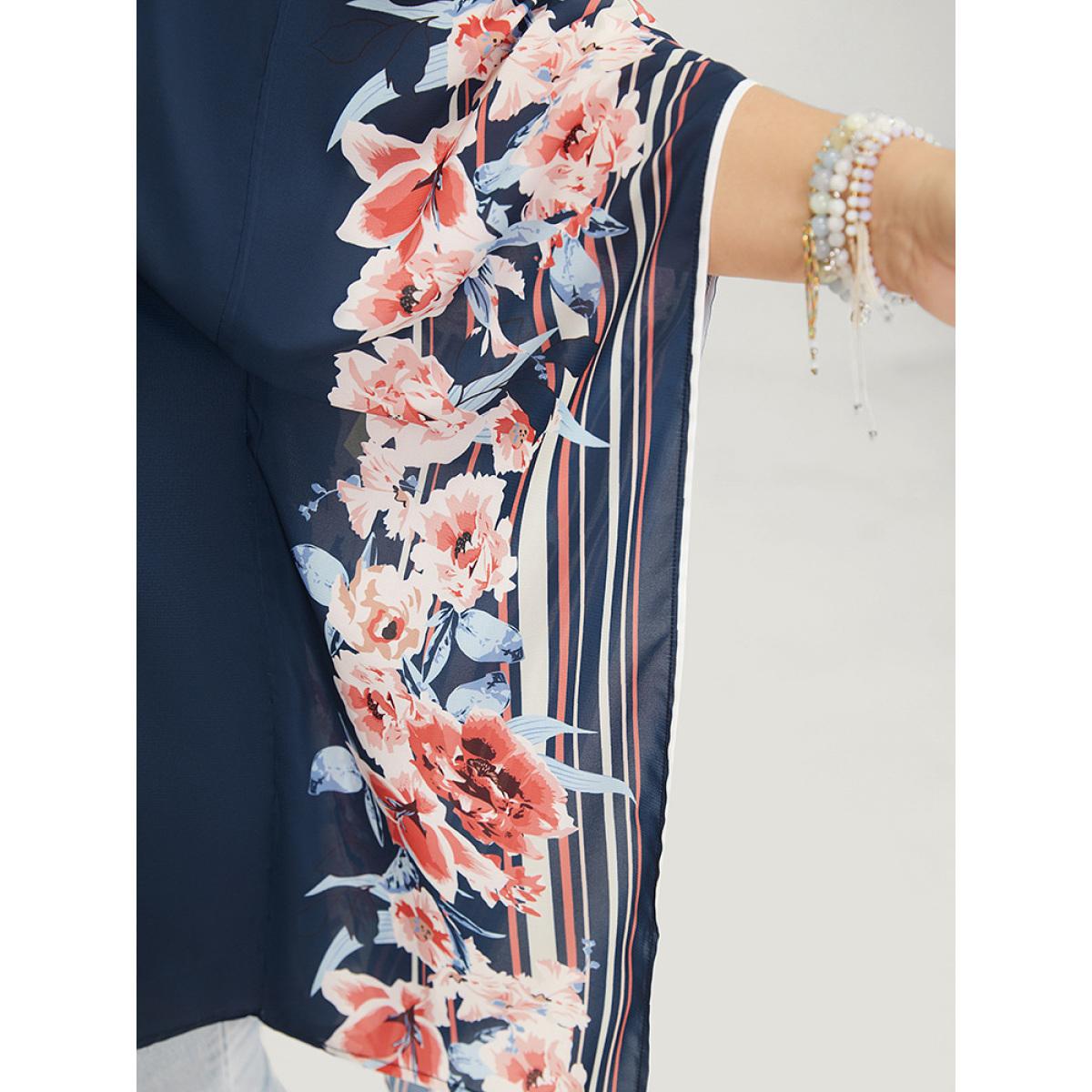 Plus Size Indigo Floral Print Asymmetrical Dolman Sleeve Blouse Women Elegant Short sleeve V-neck Dailywear Blouses BloomChic 28/5X Product Image