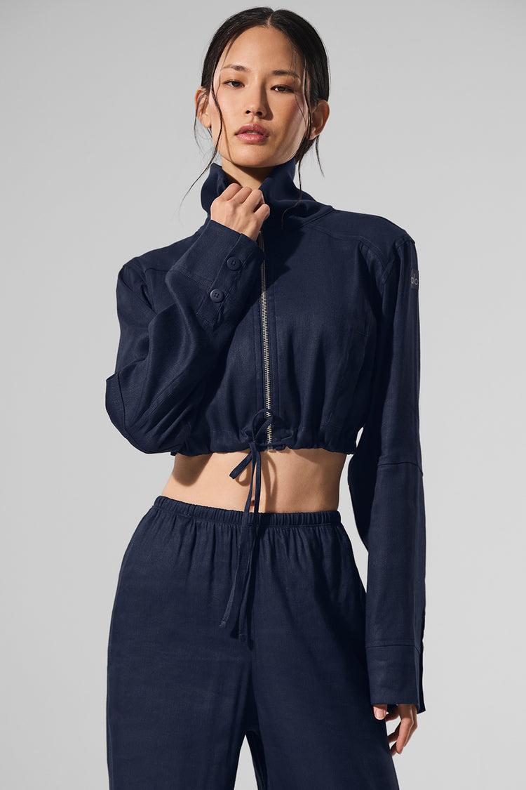 Linen Cropped Getaway Jacket - Navy Product Image