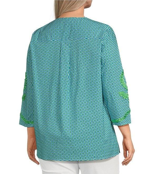 Calessa Plus Size Embroidered Retro Printed Split V-Neck 3/4 Sleeve Tunic Product Image