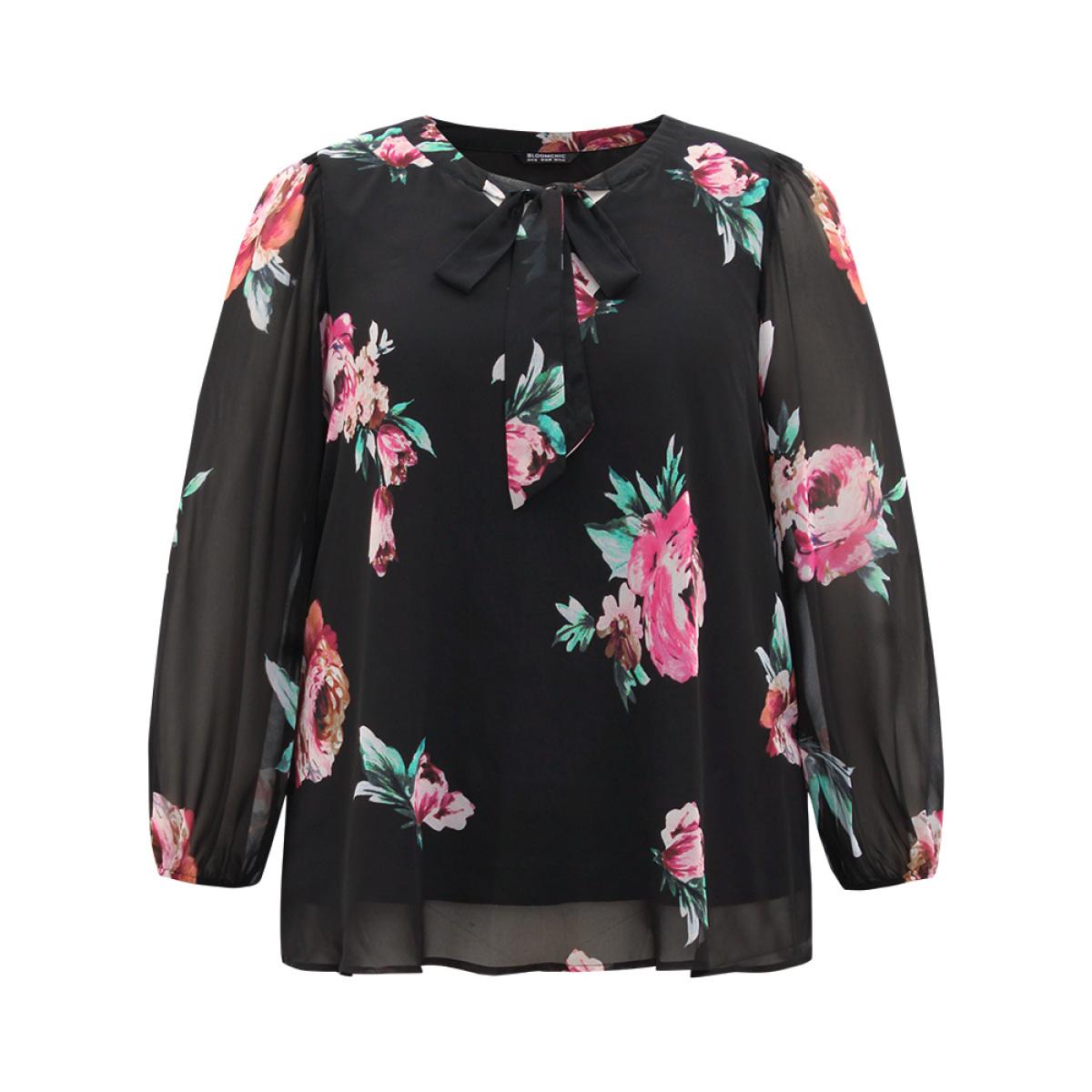Plus Size Black Floral Knot Neck Mesh Patchwork Blouse Women Glamour Long Sleeve Tie Neck Going out Blouses BloomChic 28/5X Product Image