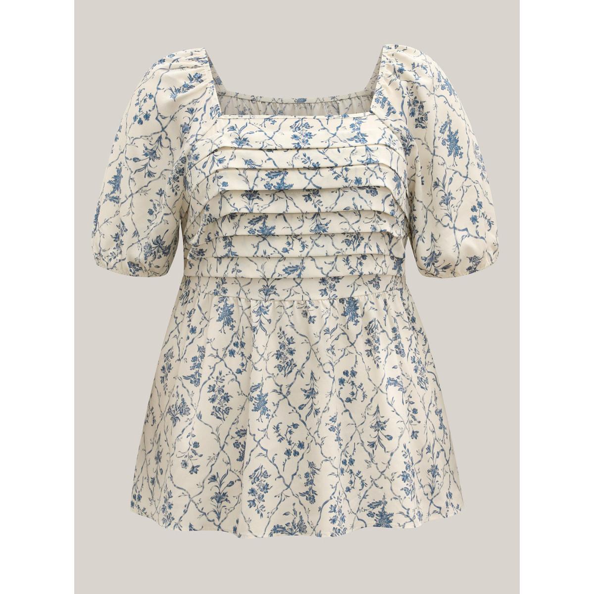 Plus Size Beige Floral Pleated Bodice Puffy Sleeve Blouse Women Romantic Half Sleeve Square Neck Elegant Blouses BloomChic 10/M Product Image