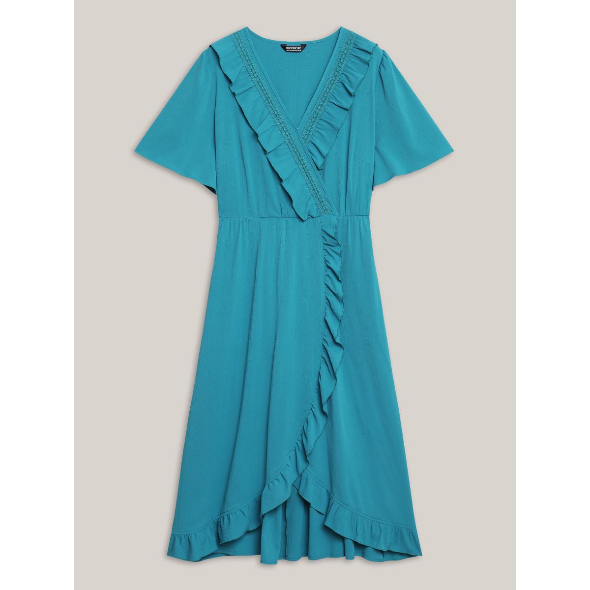 Plus Size Ruffled Lace Trim Pockets Plain Midi Dress Cerulean Women Overlap Collar Short sleeve Curvy BloomChic 26/4X Product Image
