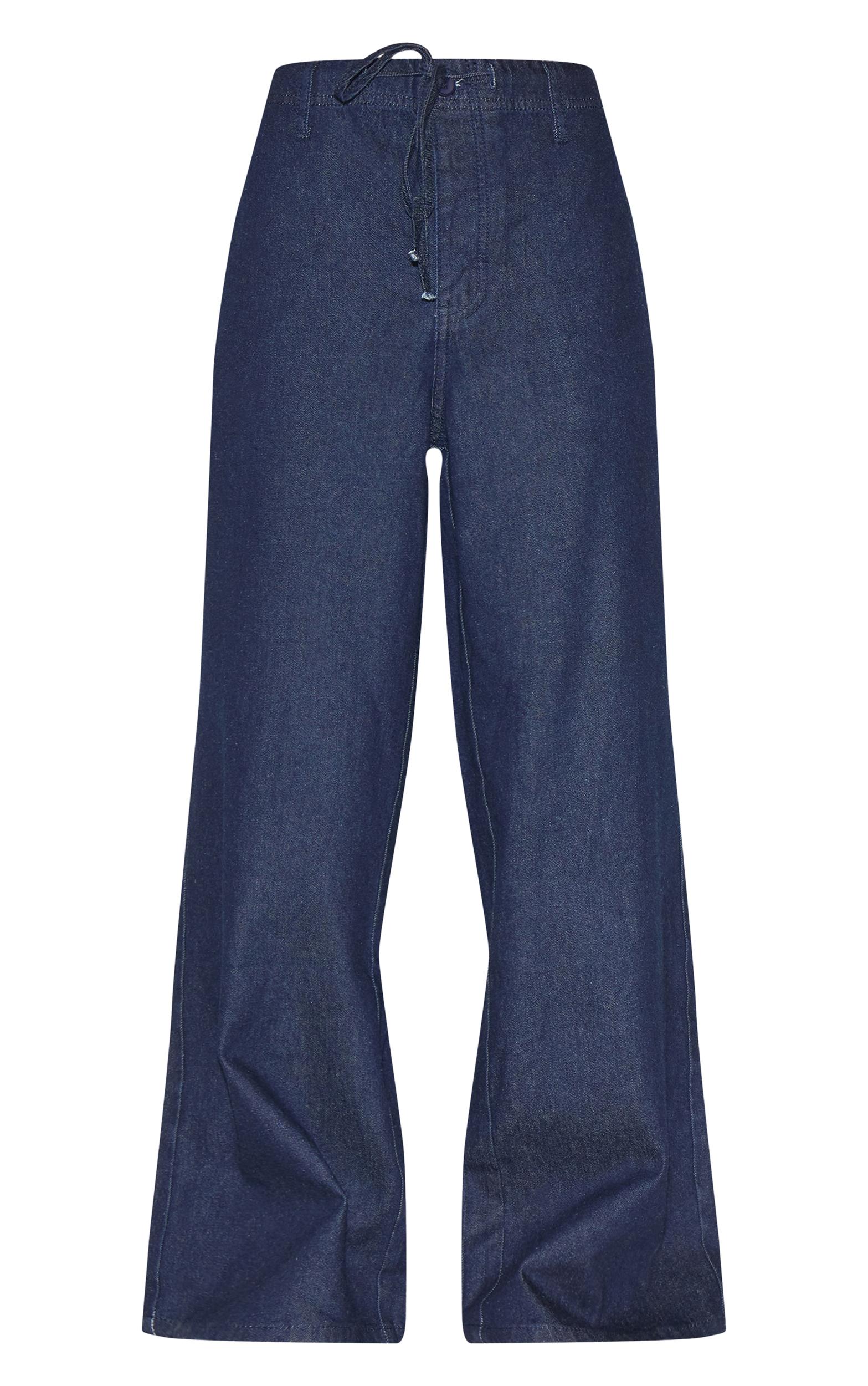 Petite Indigo Denim Relaxed Drawstring Wide Leg Jeans Product Image