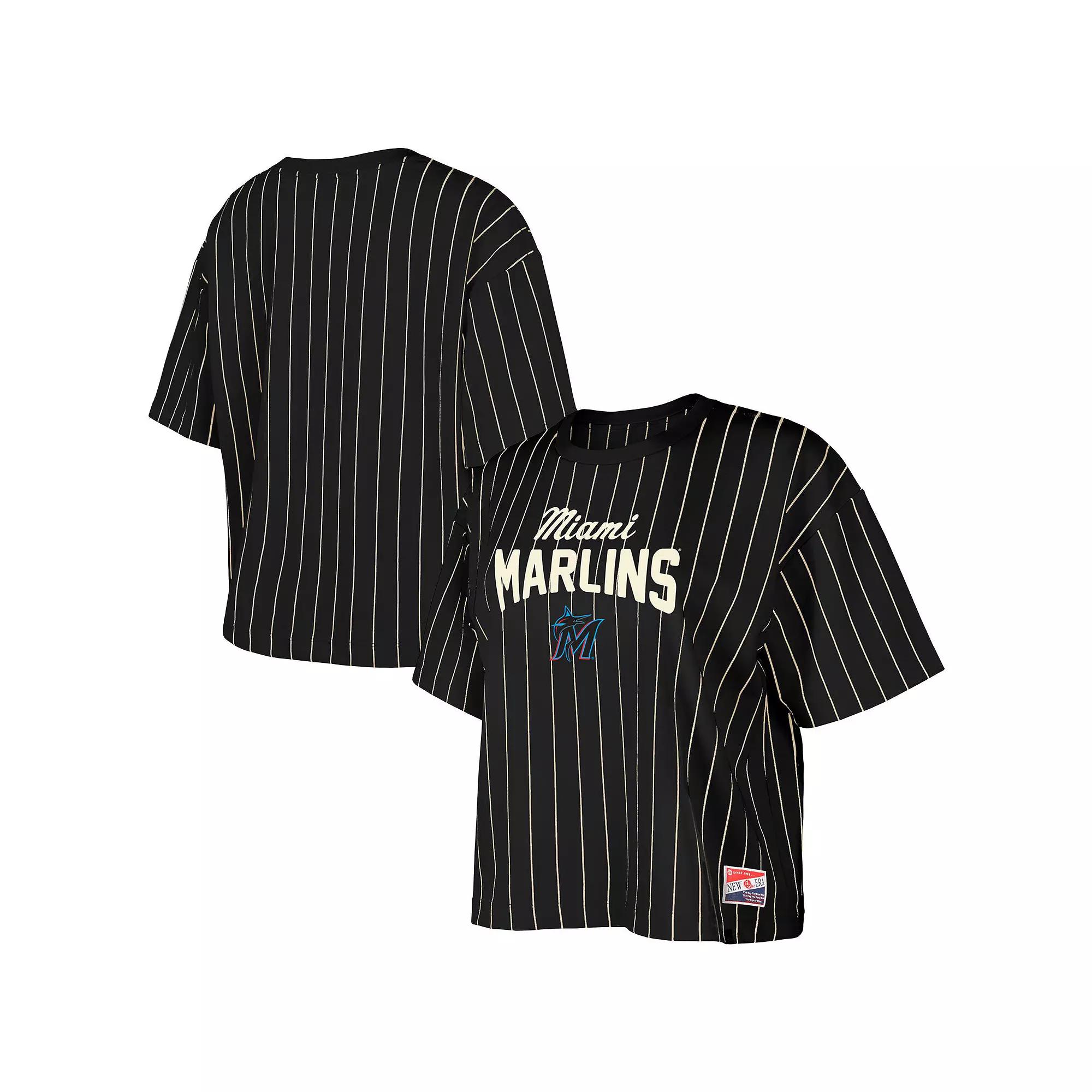Women's New Era Black Miami Marlins Cooperstown Collection Multiplier Pinstripe Cropped T-Shirt, Size: XL Product Image