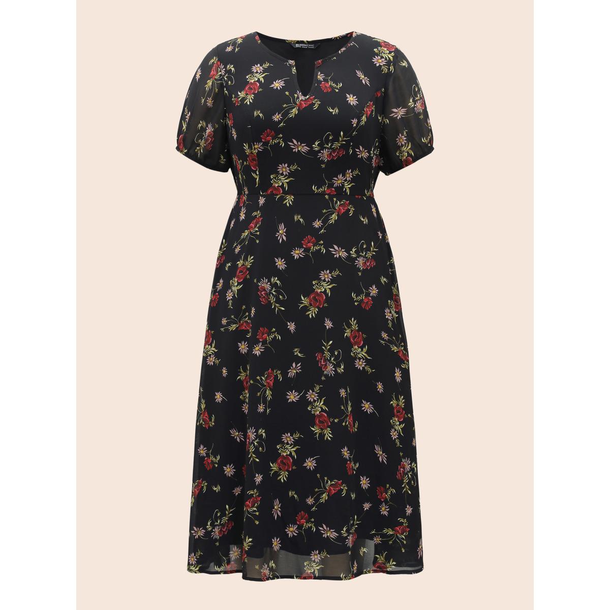 Plus Size Floral Notched Chiffon Mesh Midi Dress Black Women Timeless See through Notched collar Short sleeve Curvy BloomChic 28/5X Product Image