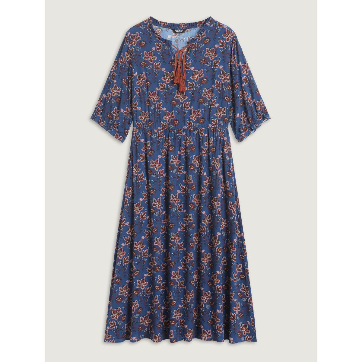 Plus Size Boho Floral Neck Tie Midi Dress DarkBlue Women Boho Notched collar Half Sleeve Curvy BloomChic 30/6X Product Image