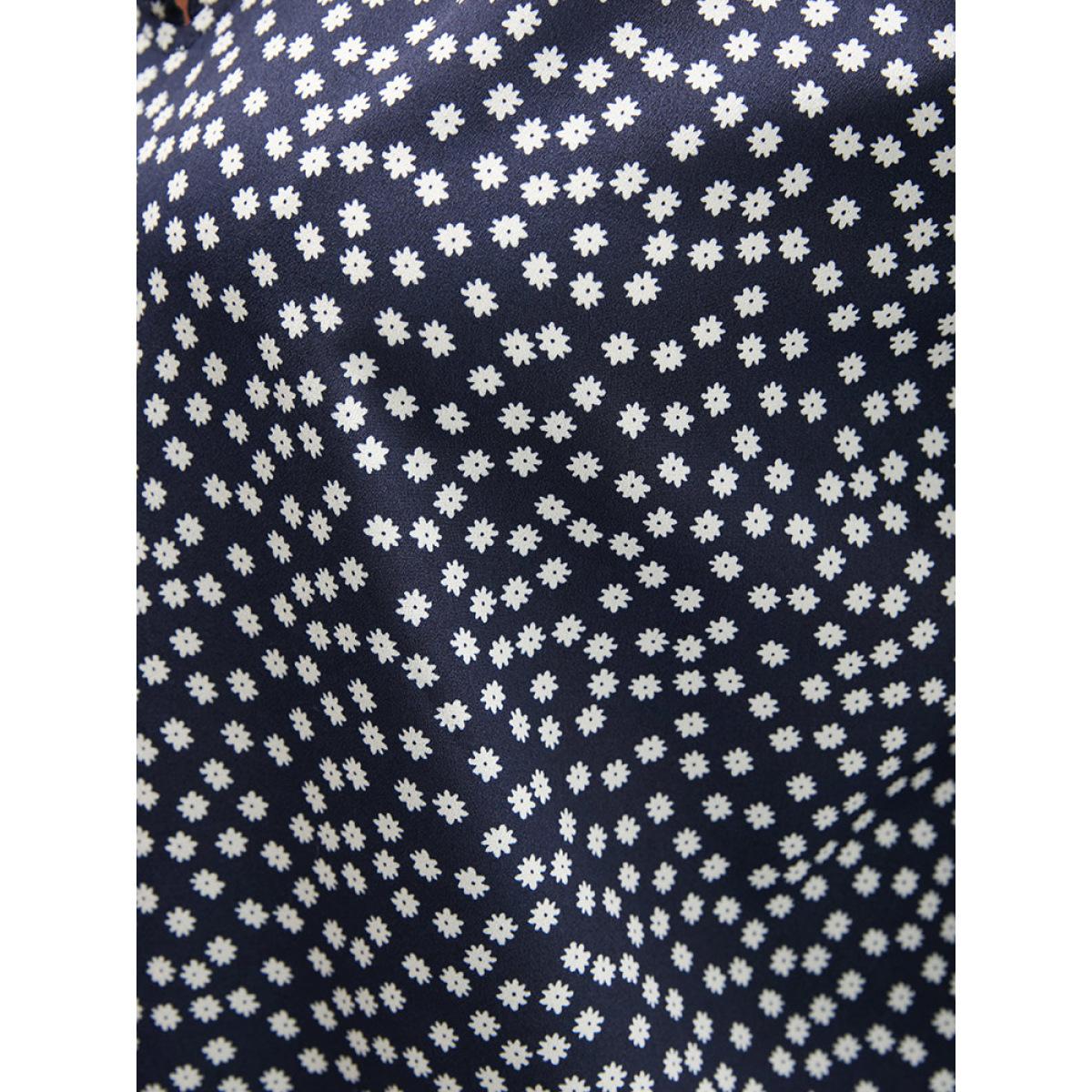 Plus Size Indigo Ditsy Floral V Neck Shirred Lantern Sleeve Blouse Women Elegant Long Sleeve V-neck Dailywear Blouses BloomChic 10/M Product Image