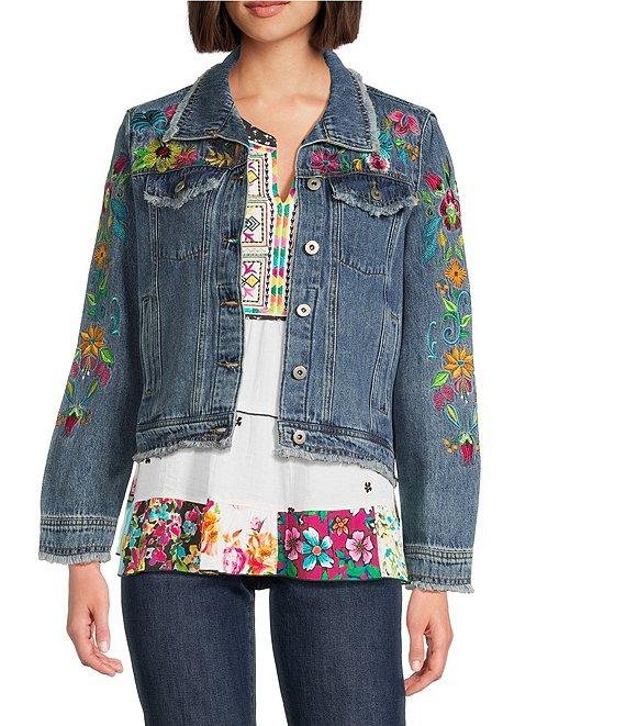 John Mark Floral-Embroidered Frayed Denim Jacket Product Image