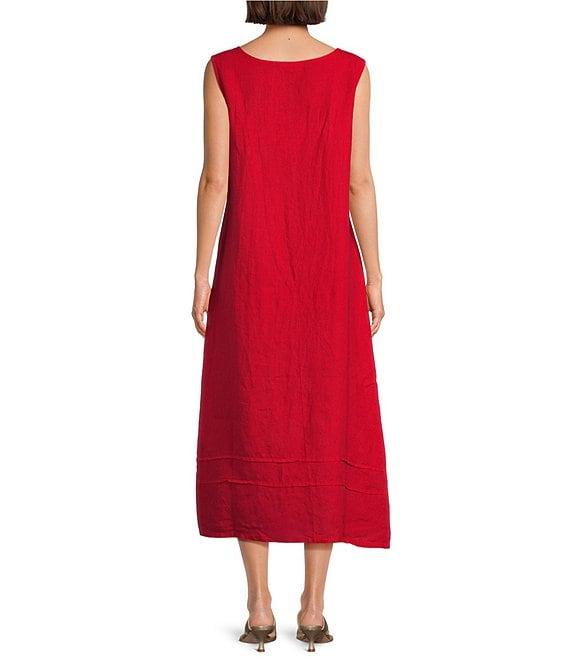 Bryn Walker Light Linen Poppy Round Neck Sleeveless Pintuck Detail Shift Midi Dress Product Image