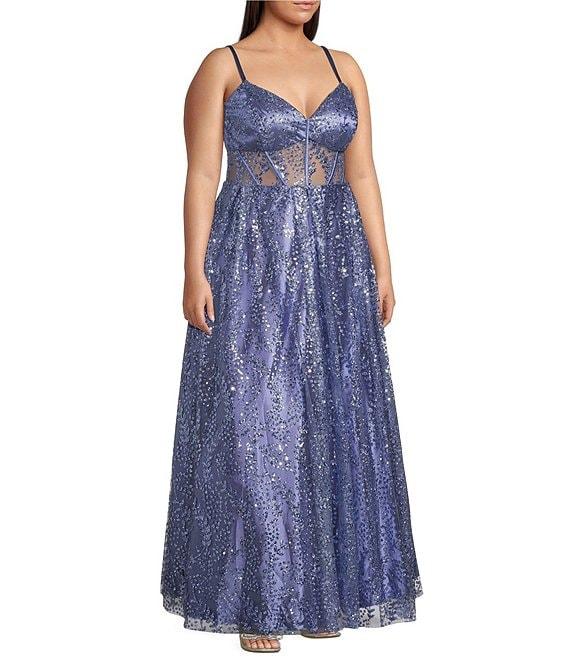 Blondie Nites Plus Size Glitter Pattern V-Neck Spaghetti Strap Mesh Corset Tie Back Ballgown Product Image