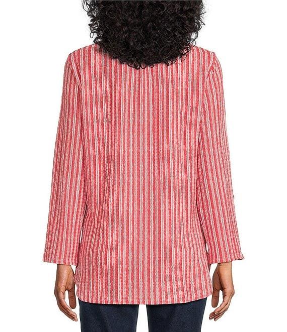 Ruby Rd. Crinkle Knit Stripe V-Neck Long Roll-Tab Sleeve Henley Top Product Image