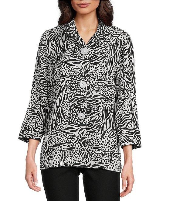 Ali Miles Woven Zebra Leopard Print Wire Collar 3/4 Sleeve Button Front Tunic Product Image