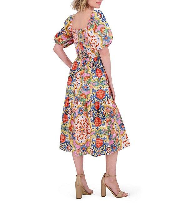 Vince Camuto Floral Print Square Neck Short Puff Sleeve A-Line Midi Dress Product Image