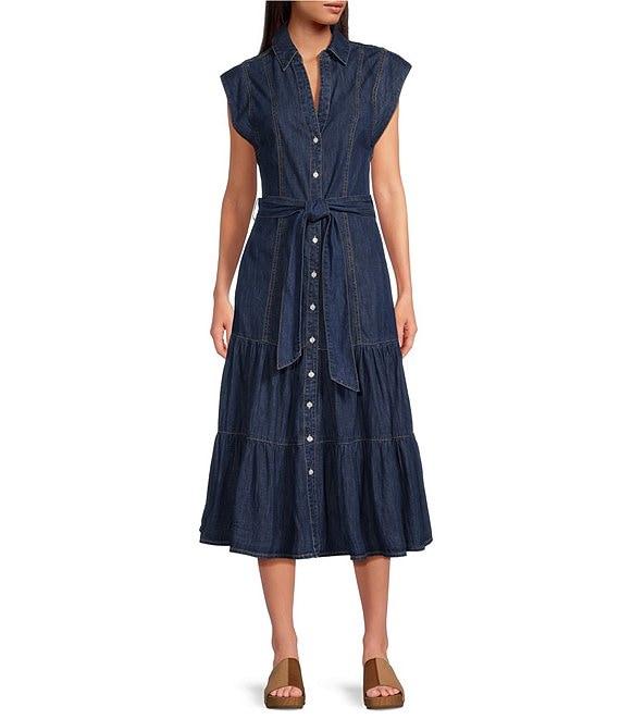 ELAN Denim V-Neck Short Cap Sleeve Midi Dress Product Image