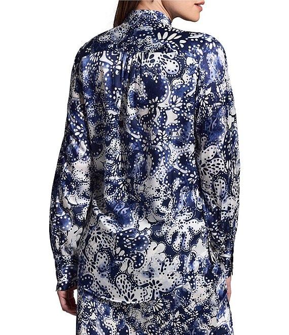 NIC + ZOE Twilight Blooms Stretch Silk Stand Collar Bishop Long Sleeve Shirt Product Image
