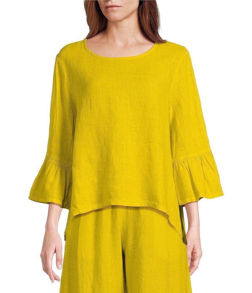 Bryn Walker Fran Light Linen Boat Neck 3/4 Sleeve High-Low Shirt Product Image