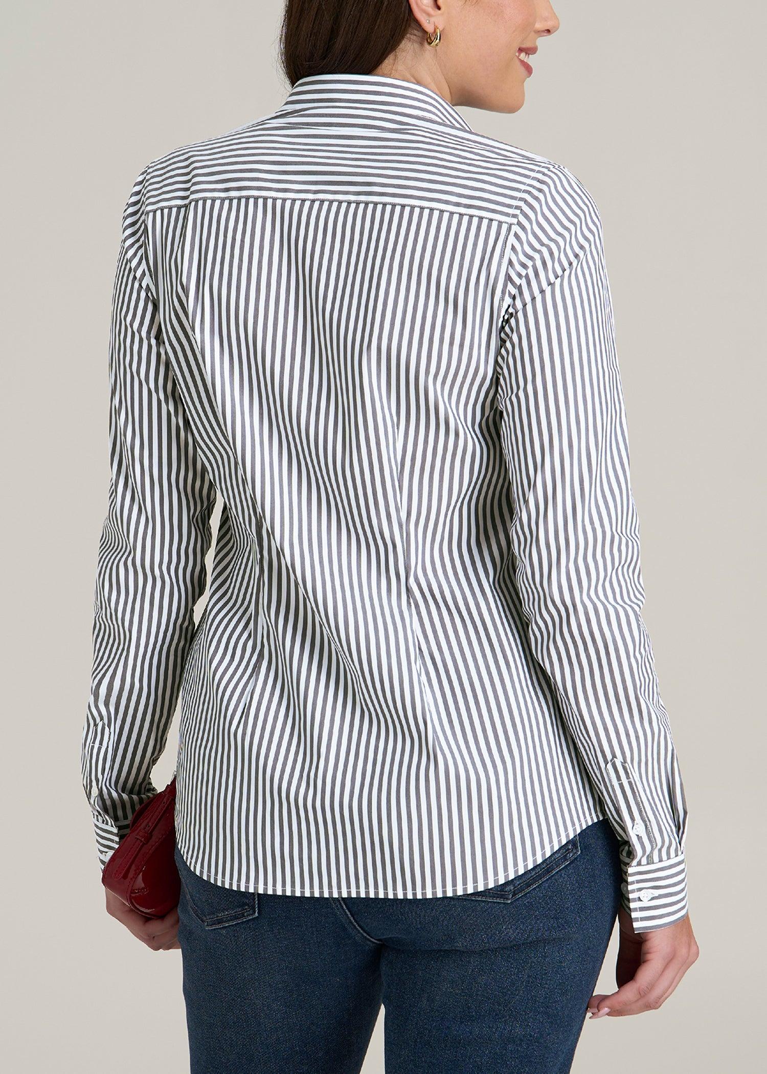 Slim Fit Button-Up Shirt for Tall Women in Grey and White Stripe Female Product Image
