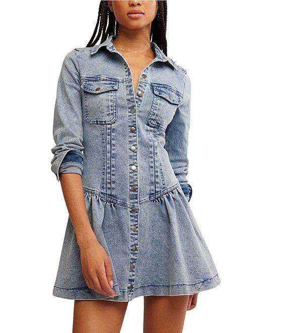 Free People Roadhouse Denim Point Collar 3/4 Sleeve Button Down Mini Dress Product Image