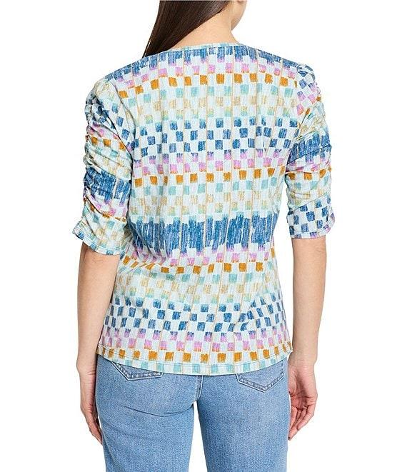 NIC + ZOE Painted Blocks Split V-Neck Ruched Elbow Sleeve Top Product Image