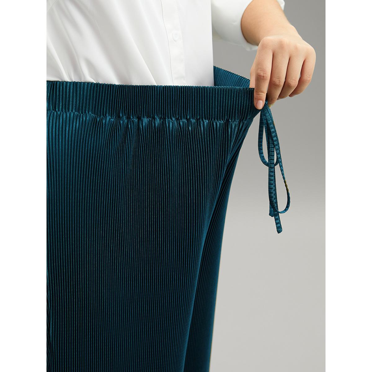 Plus Size Solid Ties Plested Straight Leg Pants Women Cyan Office Wide Leg High Rise Dailywear Pants BloomChic 22-24/3X Product Image