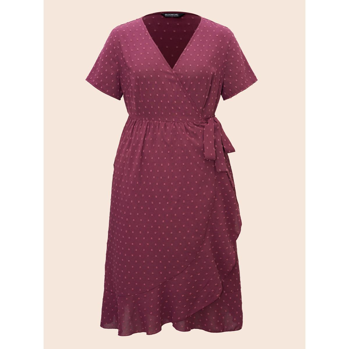 Plus Size Plain Overlap Collar Ruffle Trim Tie Knot Dress Burgundy Women Elegant Tie knot Overlap Collar Short sleeve Curvy BloomChic 30/6X Product Image