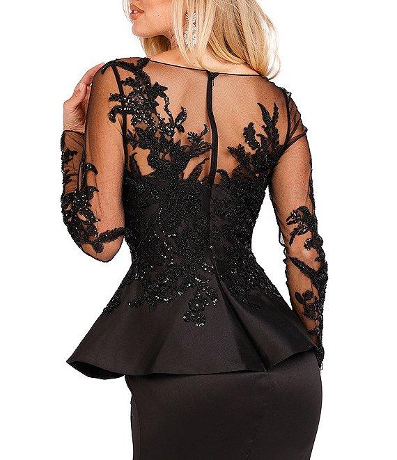 Terani Couture Embroidered Illusion Round Neck Long Sleeve Front Slit Ruffled Mermaid Gown Product Image