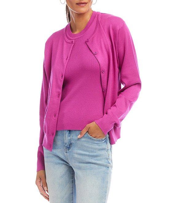 Karen Kane Ribbed Crew Neck Long Sleeve Button Front Cardigan Product Image