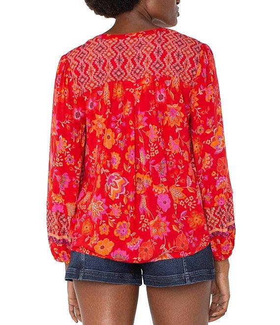 Liverpool Los Angeles Petite Size Woven Floral Split V-Neck Long Sleeve Button Front Blouse Product Image