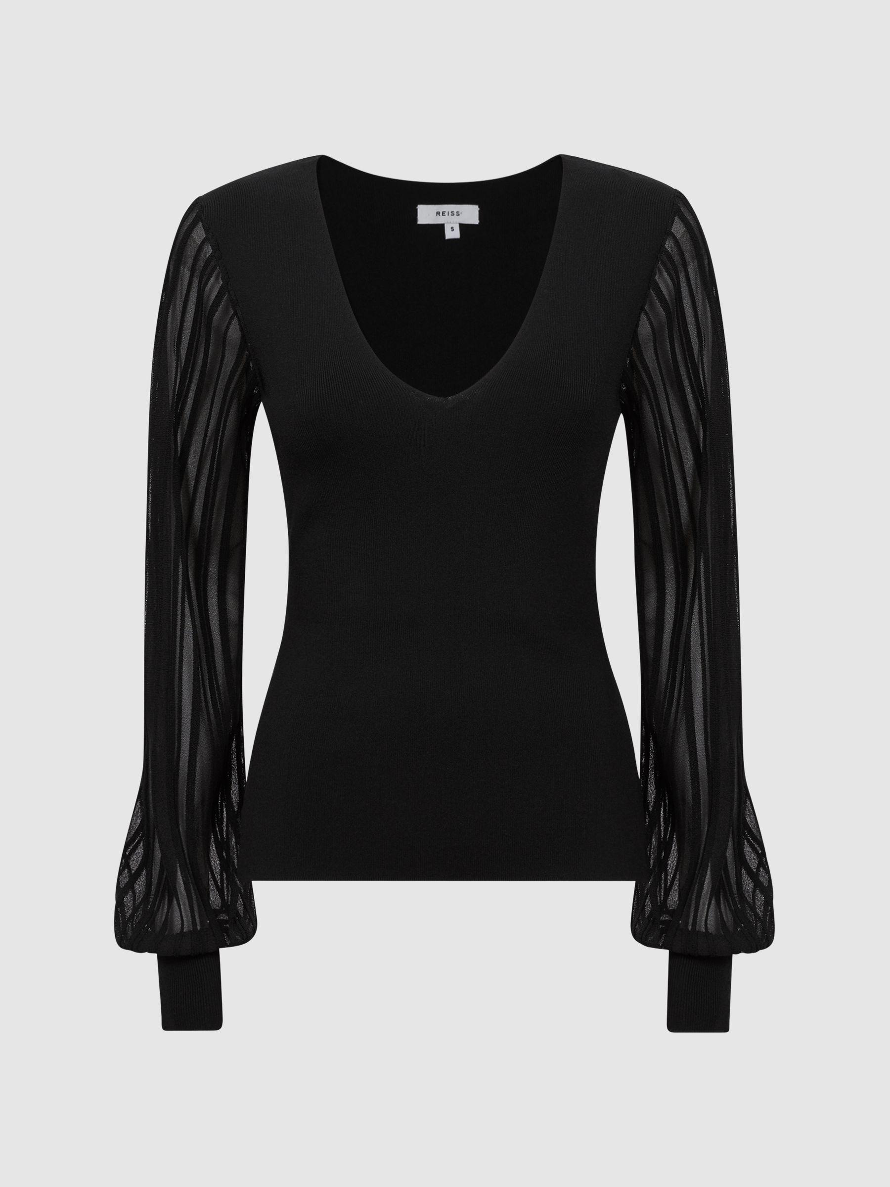 Sheer Sleeve V-Neck Top in Black Product Image