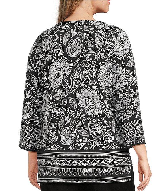 Allison Daley Plus Floral Beading 3/4 Sleeve V-Neck Knit Top Product Image