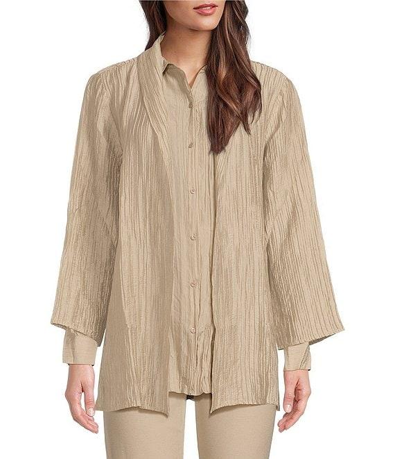 Eileen Fisher Crinkle Shimmer High Collar Bracelet Sleeve Open Front Jacket Product Image