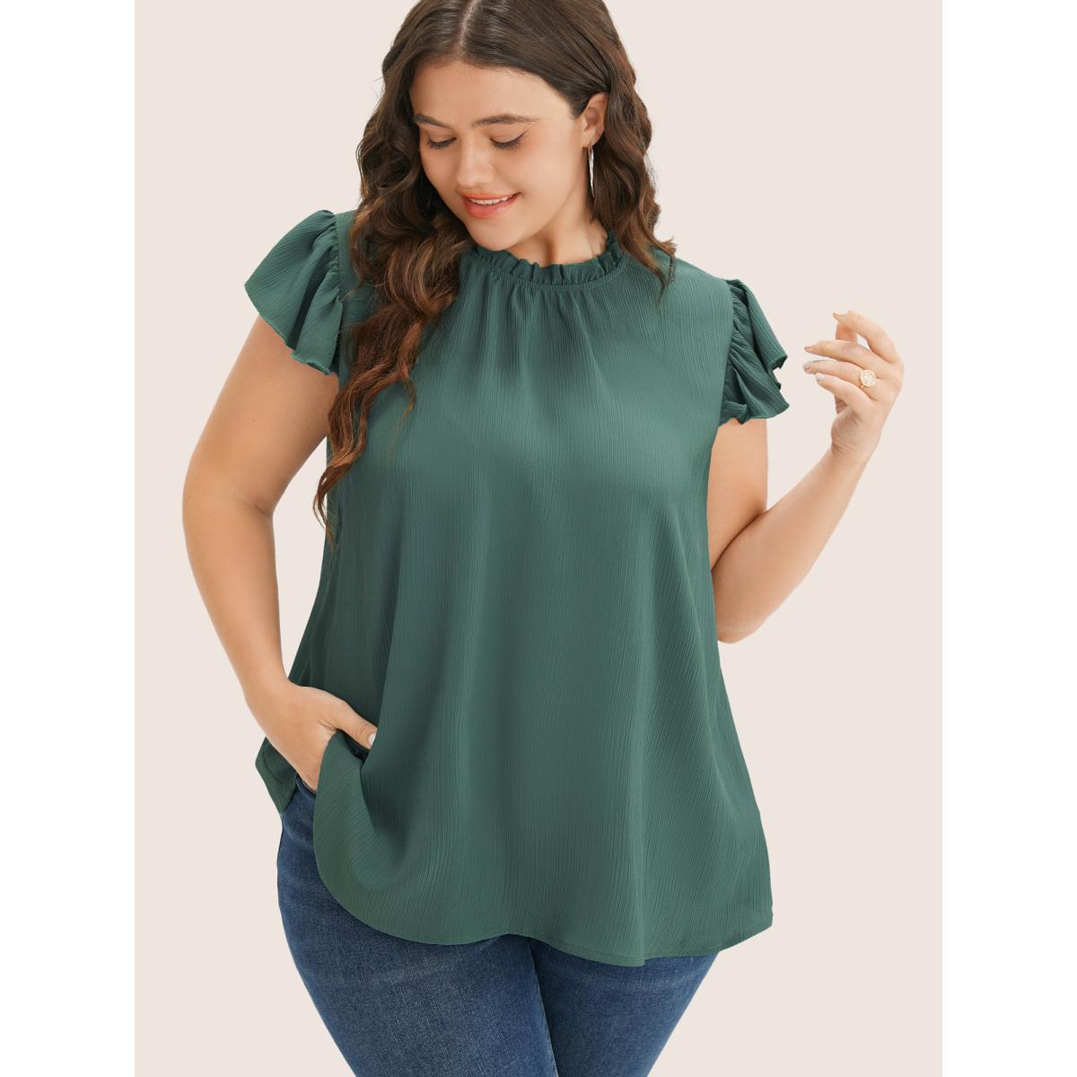 Plus Size Mint Plain Mock Neck Cap Sleeve Ruffle Trim Blouse Women Timeless Short sleeve Mock Neck Elegant Blouses BloomChic 26/4X Product Image