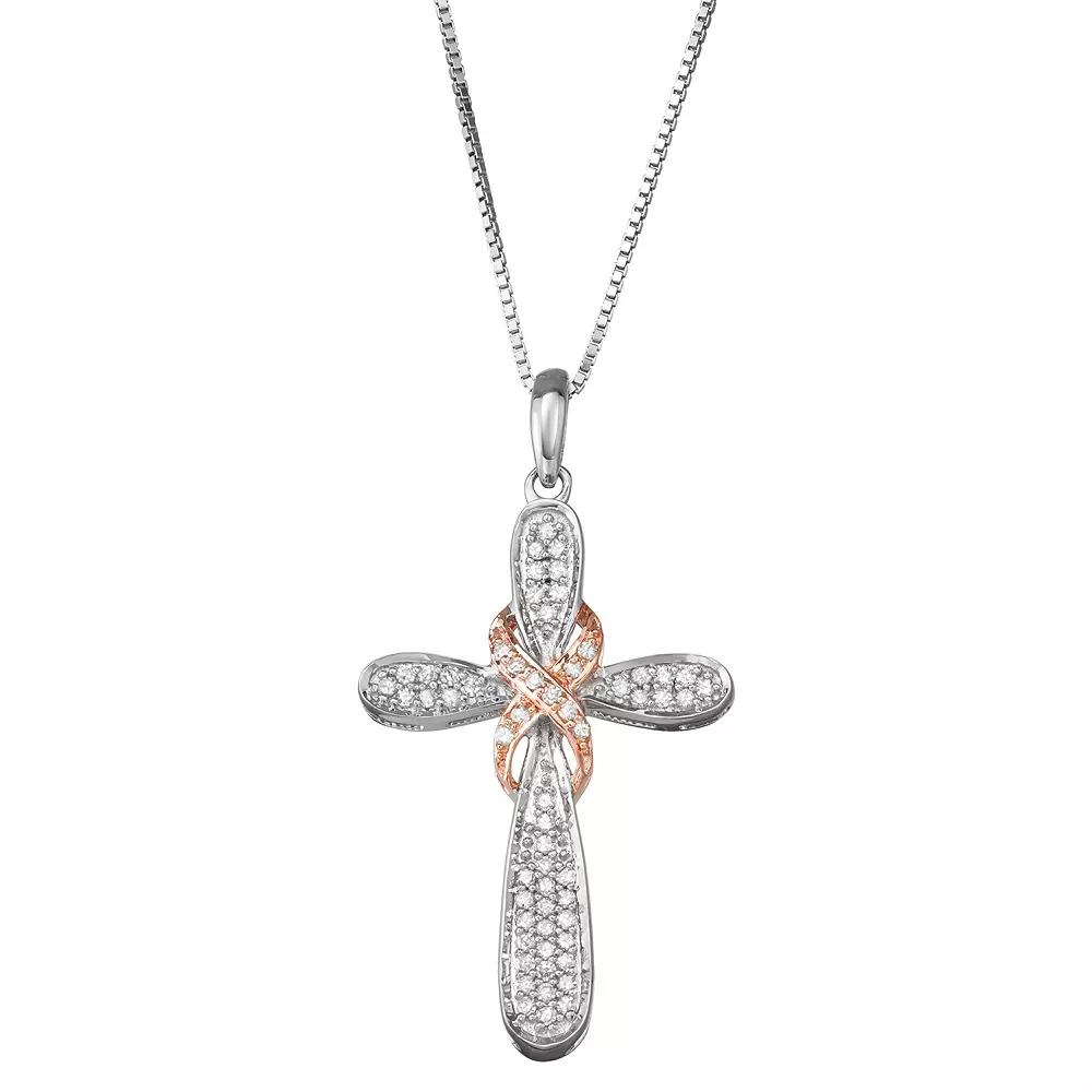 Two Tone Sterling Silver 1/4 Carat T.W. Diamond Cross Pendant, Women's, Size: 18", Pink Tone Product Image