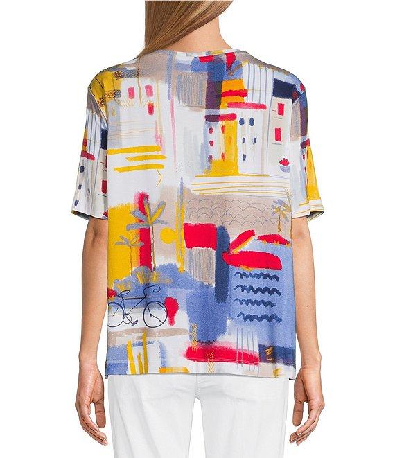 Multiples Petite Size Embellished Printed Scoop Neck 3/4 Sleeve Fitted Knit Top Product Image