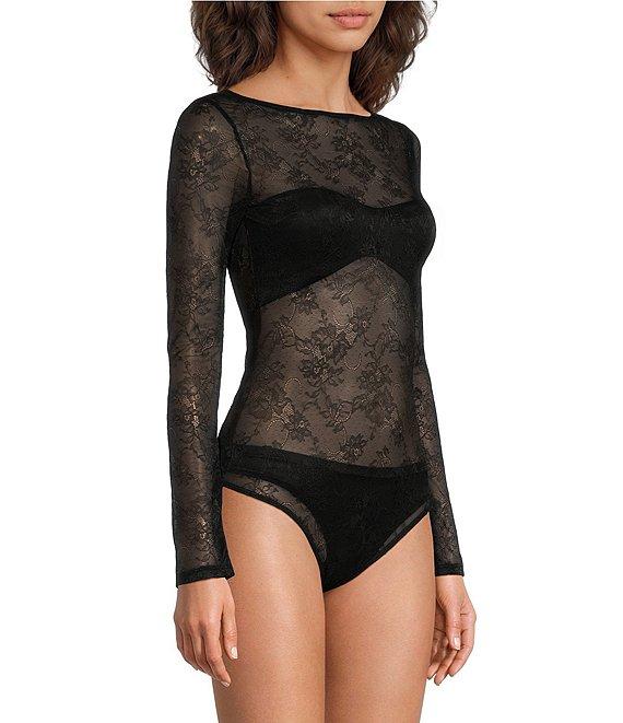 Chelsea & Violet Adams Knit Sheer Illusion Lace Boat Neck Long Sleeve Fitted Bodysuit Product Image